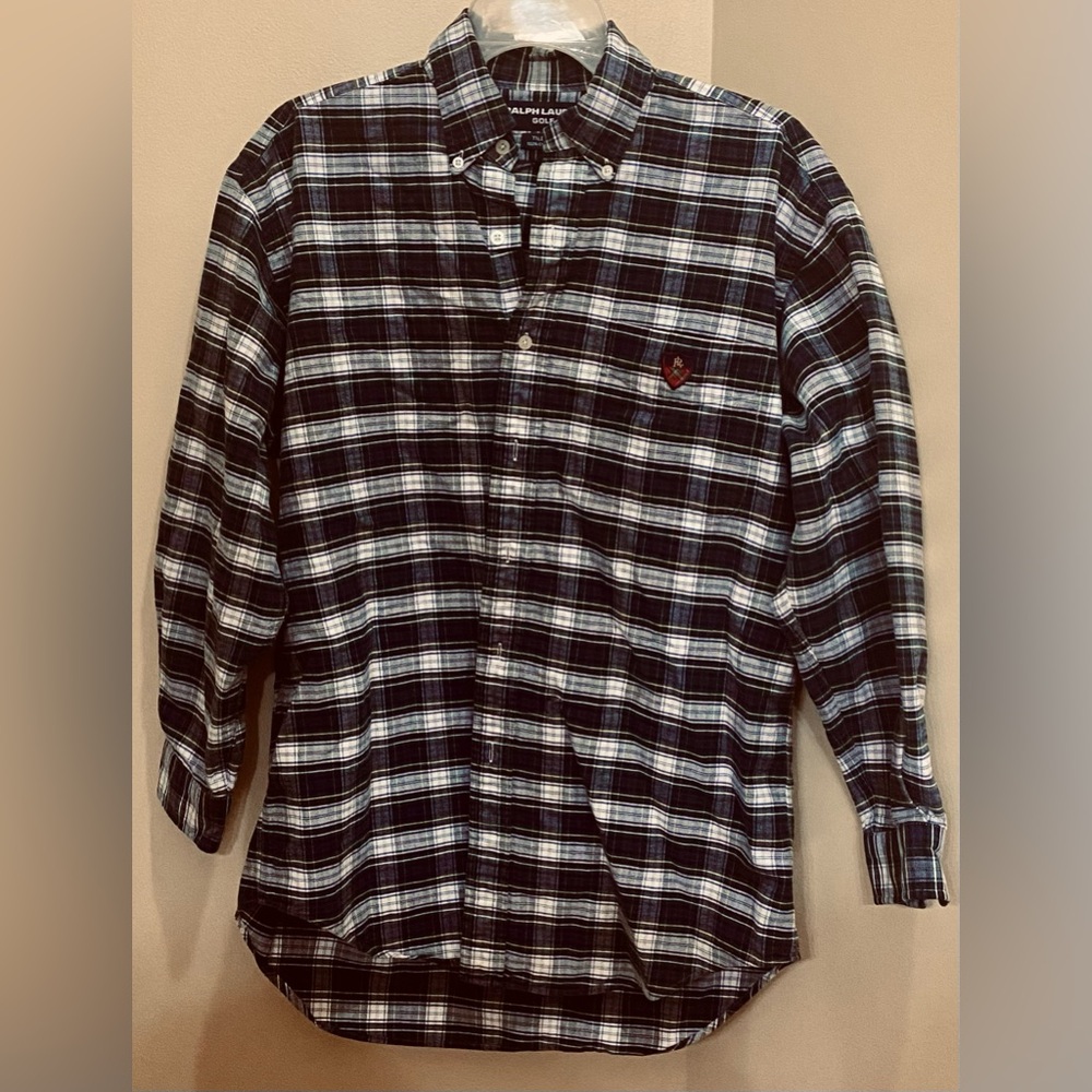 Ralph Lauren Golf Tilden Long Sleeve Button Down Shirt Mens Med Green Blue Plaid